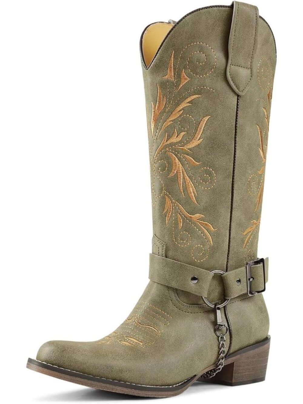 Women's Green Cowboy Boots Embroidered Mid Calf Removable Belt Low Block Heel